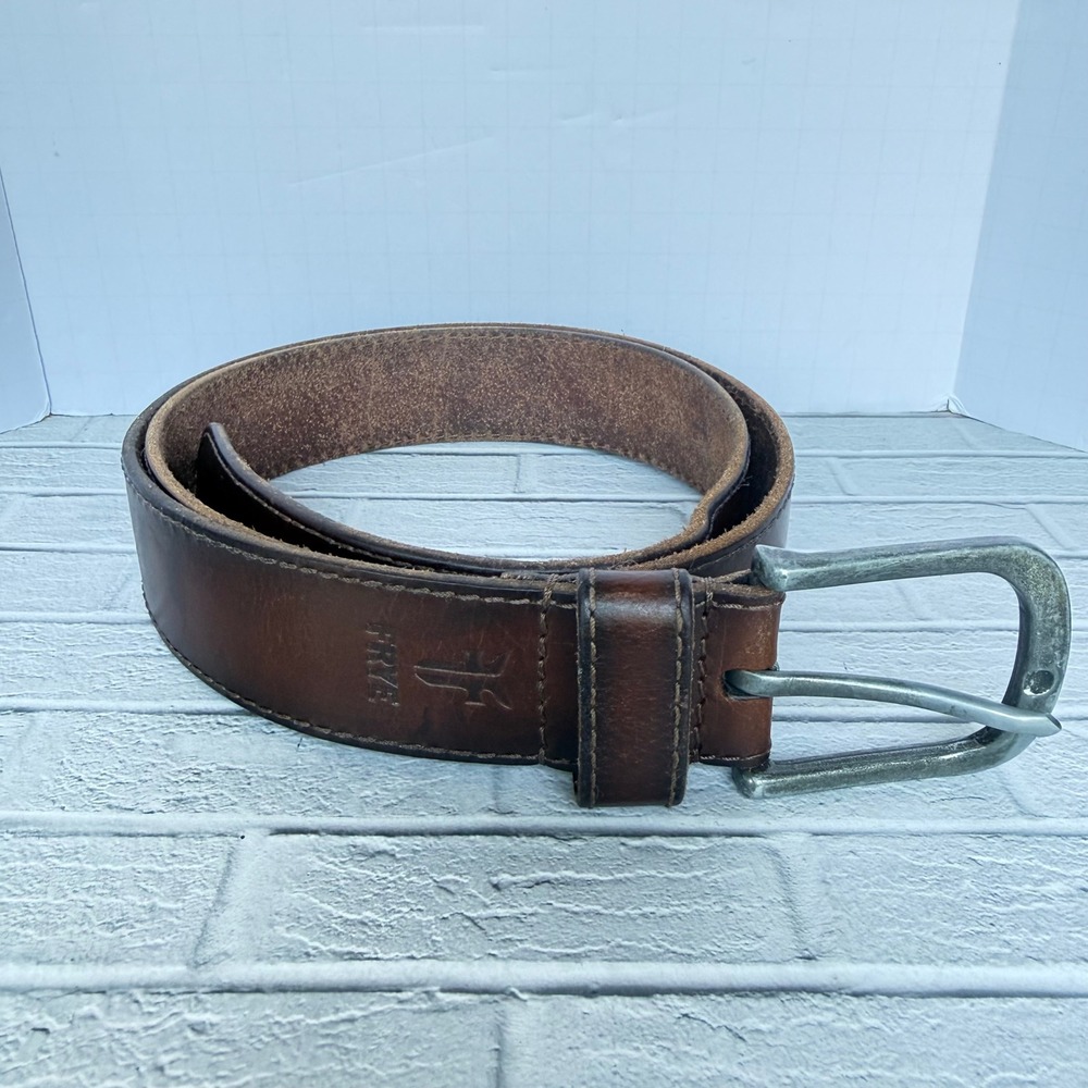 Frye Mens Brown Genuine Leather Stitched Belt Distressed Silver Buckle Size 38